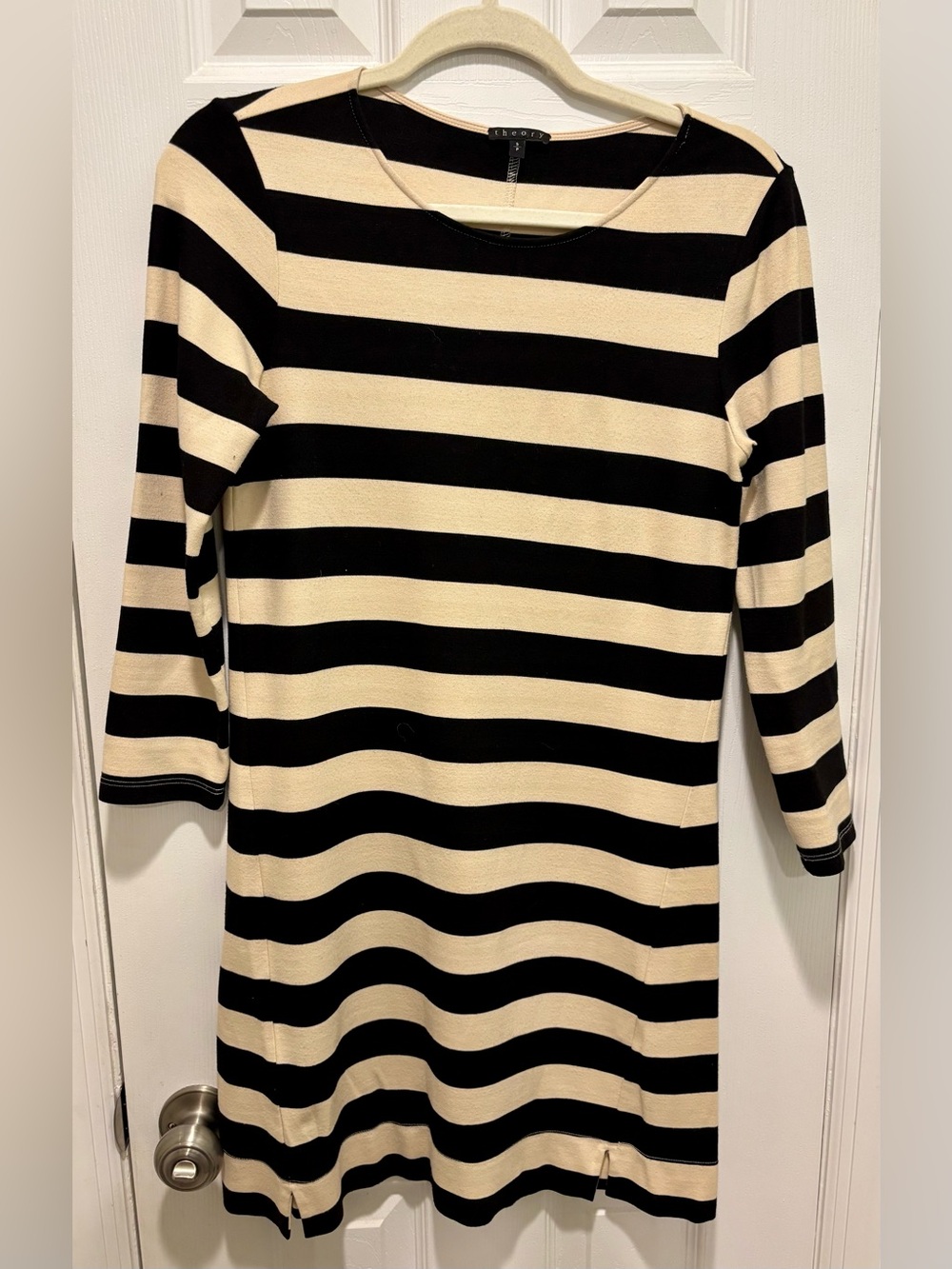 Theory Black and Tan Striped Long-Sleeve Knit Dress S